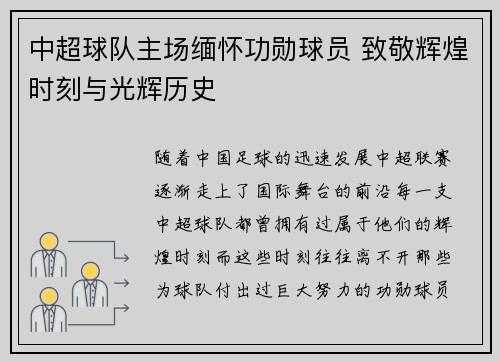 中超球队主场缅怀功勋球员 致敬辉煌时刻与光辉历史 中超球队主场缅怀功勋球员 致敬辉煌时刻与光辉历史